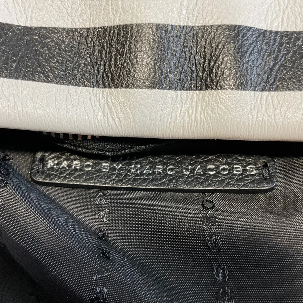 Marc by Marc Jacobs Black White Striped Leather Crossbody Top Handle Bag